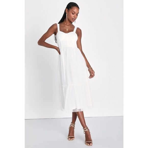 Lulus Feeling Gorgeous White Swiss Dot Tulle Bustier Midi Dress Size XS New - Picture 1 of 10
